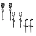 Black stainless steel men earring set featuring cross, dagger, and triangle chain charms - Set 20 (Black - Long Chain Triangle/Dagger/Cross)