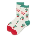 Striped cotton casual socks featuring cactus print and red contrast heel in white - One Size (EU 35-39) / Cactus