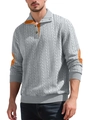 Men's grey knit sweater with orange elbow patches and buttoned polo collar - S / Light Gray
