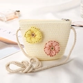 Cute beige straw bucket bag for girls with decorative fabric flowers and rope strap - Button Large 2 Flowers / Cream