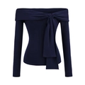 Off-shoulder long sleeve top in navy blue with decorative bow detail on the neckline - S / Navy Blue