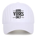 Detail showing high-quality black embroidery on white cotton baseball cap fabric - One Size / White