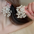 Elegant wire-wrapped pearl cluster stud earrings with starburst design for women - Hand-woven Pearl Flower Cluster Earrings - White (14#)
