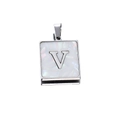 Silver square pendant with white shell inlay and metallic letter V initial detail - Steel V