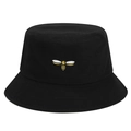 Unisex black cotton bucket hat featuring detailed yellow bee embroidery on center - One Size / Black