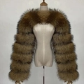 Detailed view of fluffy tan gradient faux fox fur shawl wrap with oversized sleeves - 6XL / Raccoon Fur Color