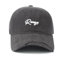 Close-up of vintage charcoal grey cap with white script embroidery and distressed brim - Adjustable / Gray