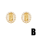 Religious style gold Virgin Mary stud earrings with white faux pearl halo on white background - Virgin Mary Relief Style (B)