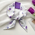 Floral twilly scarf in purple and white with elegant flower print and gold text detail - Purple Letter Small Floral