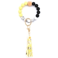 Detail of beaded keychain bracelet with wood hexagon bead and bee pattern leather tassel - Style 32 (Yellow Black Marble Bee Daisy)