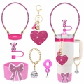 Pink and gold heart keychain with rhinestone cup sleeve and diamond straw cap set - Pink Gold Rhinestone 6pcs Set
