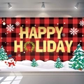 Dettaglio della bandiscena natalizia a quadri rossi e neri con testo dorato Happy Holiday - 150*100CM Buffalo Plaid/Happy Holiday