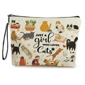 Borsa da trucco in tela beige con gatti dei cartoni animati e cinturino a mano - Motivo Gatto (Stile 1)
