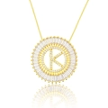 Gold plated necklace featuring a round pendant with a zircon-studded letter K design - Gold Letter-K