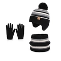 Set invernale per bambini con cappello pompon nero, sciarpa a righe e guanti - Nero
