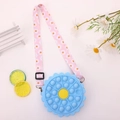 Daisy flower silicone pop fidget shoulder bag for girls in light blue color with adjustable strap - Blue