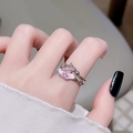 Irregular pleated open ring with pink enamel flower and teardrop zircon gemstone - Adjustable Open / Silver Pink Waterdrop Zircon (JZ2889)