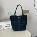 Vintage green and blue plaid wool bento tote bag featuring a retro gold snap button - Green Plaid Woolen