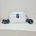 White quilted crossbody bag with black lettered strap and silver P letter logo - White