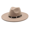 Detail view of beige wool fedora hat featuring a black leather band with silver rivets - M (56-58cm) / Light Purple Grey