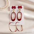 6-piece jewelry set featuring red enamel bows and oval vintage earrings on satin - Silver Pin-Red (6-Piece Set)
