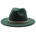Classic dark green wool fedora hat for men and women featuring a gold chain band detail - Dark Green