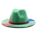 Rainbow tie-dye fedora hat with red leather band and gold buckle for men and women - M (56-58cm) / Apple Green #5
