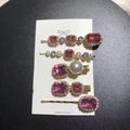 Detailed set of five vintage gold hair clips with pink and blue rhinestones and pearls - Rose Red Gold 5-Piece Set