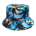 Détail de l'imprimé palmier tropical sur le chapeau bob réversible bleu et jaune - M (56-58cm) / Bleu
