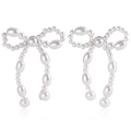 Elegant white pearl bow earrings with handcrafted drop design on a clean white background - ZW1809 Gold Pearl Bow