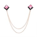 Fashion collar pin with dual gold chains and pink gemstone in black enamel geometric base - Pink (Gold Base)