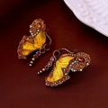 Vintage butterfly earrings with yellow resin and amber rhinestones in bronze - Vintage Butterfly Stud Earrings - Gold