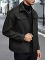Men's wool blend lapel jacket in dark olive green featuring dual large chest pockets - S / Black