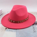 Magenta wide brim wool fedora hat with brown studded leather band and V-shaped buckles - Flat Brim Rivet Wave Decor / Rose Red
