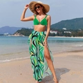 Three-piece bikini set with green top and high-slit floral trousers for beachwear - Green & Pattern Set
