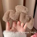 Large khaki plush hair claw clip with faux fur, 14cm wave design for women hair - Brown