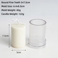 Detail showing a 5x7.5cm cylindrical ribbed candle with its clear acrylic plastic mold - Fine Toothed Round 5x7.6cm