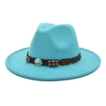 Detail of turquoise fedora hat featuring a leather band with wood beads and silver emblem - M (56-58cm) / Lake Blue