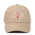Detailed view of the LOSER to LOVER 3D embroidery on a khaki cotton baseball cap - Adjustable / Khaki