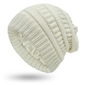 Detail of winter knit beanie showing ivory cable stitch and protective satin lining - One Size / White