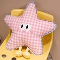 Pink plaid star plush pillow with cartoon face and blue trim on a yellow chair - Pink Plaid Star