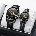 Men's waterproof quartz watch with black leather strap and gold-tone day-date dial - Black Strap Black Case Black Dial