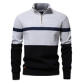 Détail du pull en tricot gris, bleu et noir avec col montant à demi-fermeture éclair - S / Bloc de Couleur Gris