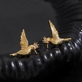 Macro detail of golden hummingbird stud earrings with crown accents and inlaid zircons - Crown Hummingbird Rhinestone Stud Earrings-Gold (A-568)