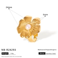 Gold flower ring in stainless steel with center pearl and radial textured petals - Radial Petal Style (NB-R24293)