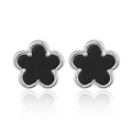 925 silver five-leaf clover stud earrings with black onyx inlay and floral petal design - Stud Earrings-Silver