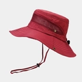 Detail of red outdoor hat featuring breathable mesh panels and adjustable chin strap - One Size / Burgundy