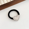 Elastic black hair tie featuring a silver heart charm with pearls and rhinestones - 03# Rhinestone Pearl Heart-Silver