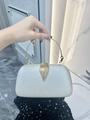 Elegant silver evening clutch with gold leaf clasp and round metal handle for banquets - White (Chain + Handle)
