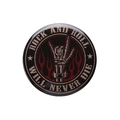 Round rock and roll tin badge with skeleton hand and red flames on black background - ROCK NEVER DIE Flame Bone Hand